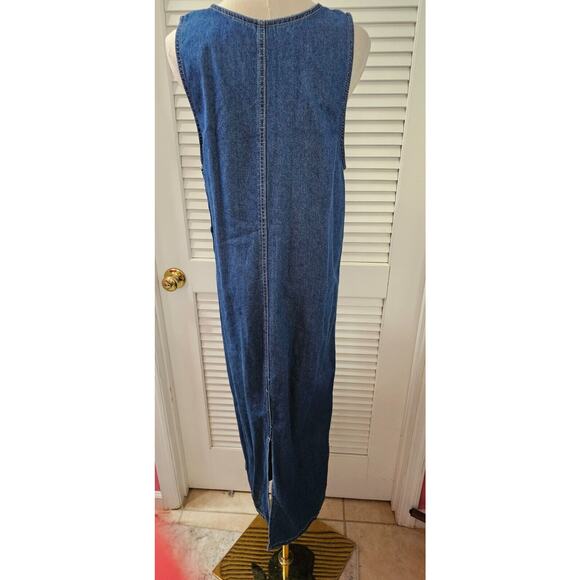 Blue Jean Denim Jumper Modest Maxi Dress Embroidered American flag Patriotic Med - Picture 2 of 5